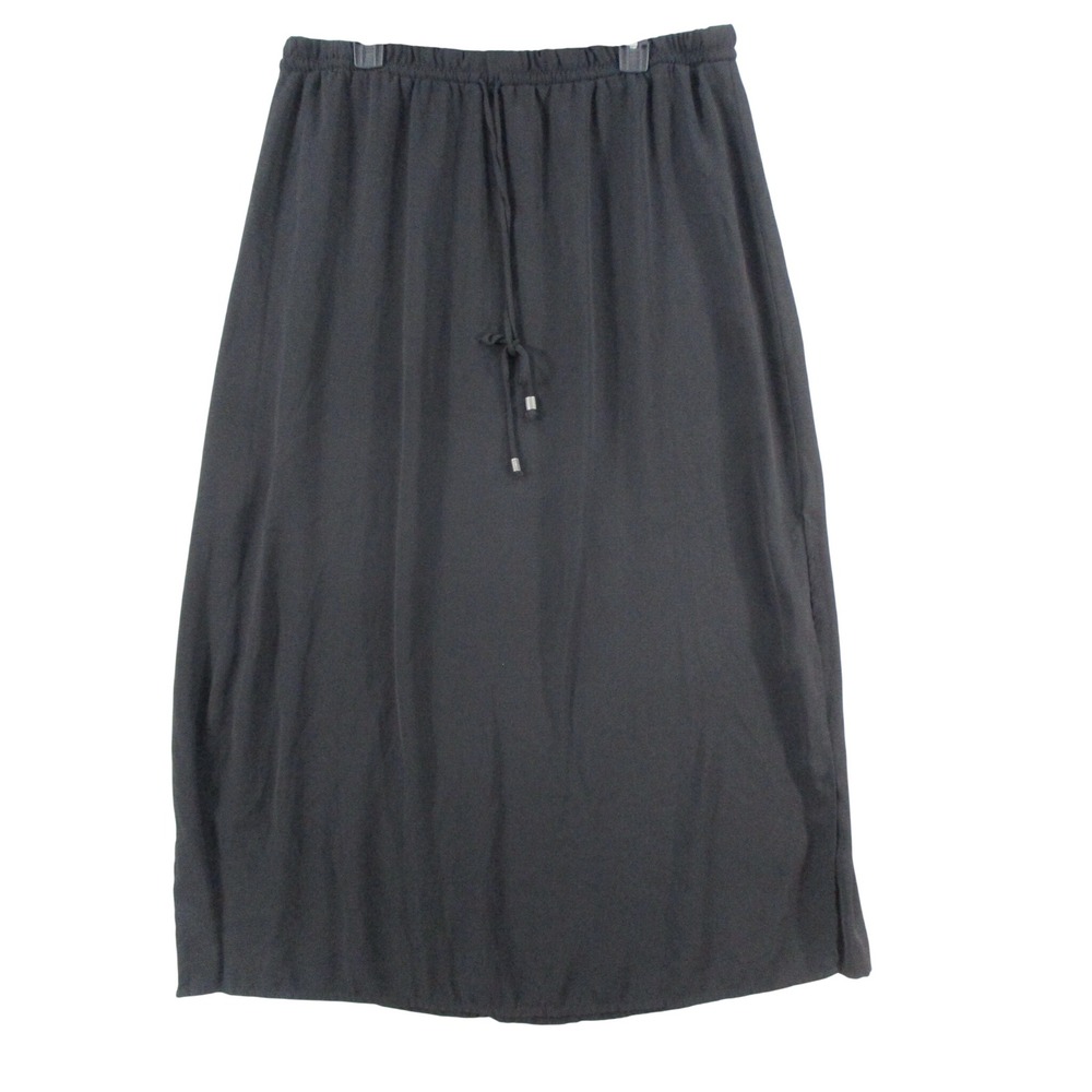 Black Drawstring Elastic Waist Maxi Skirt Side Slit Casual Flowy Skirt XL